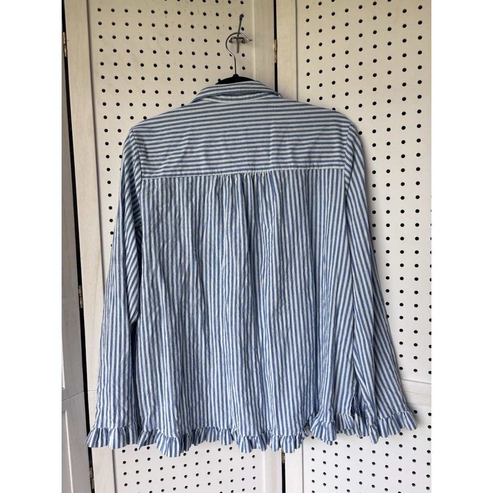 Unbranded Women's Lg Striped Blue White Button Down Chambray Shirt Ruffle Cotton - Picture 5 of 6